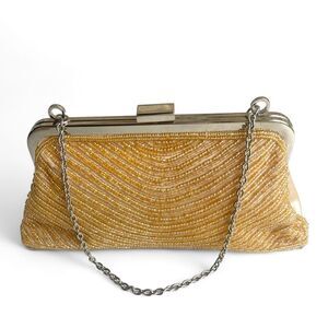Bijoux Terner Pattern Bead Satin Kiss Lock Chain Clutch Purse